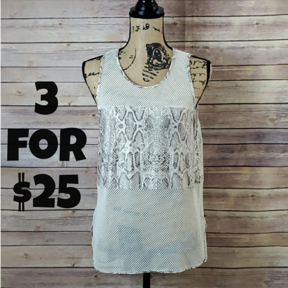 White Tan Faux Snakeskin Netted High Low Top